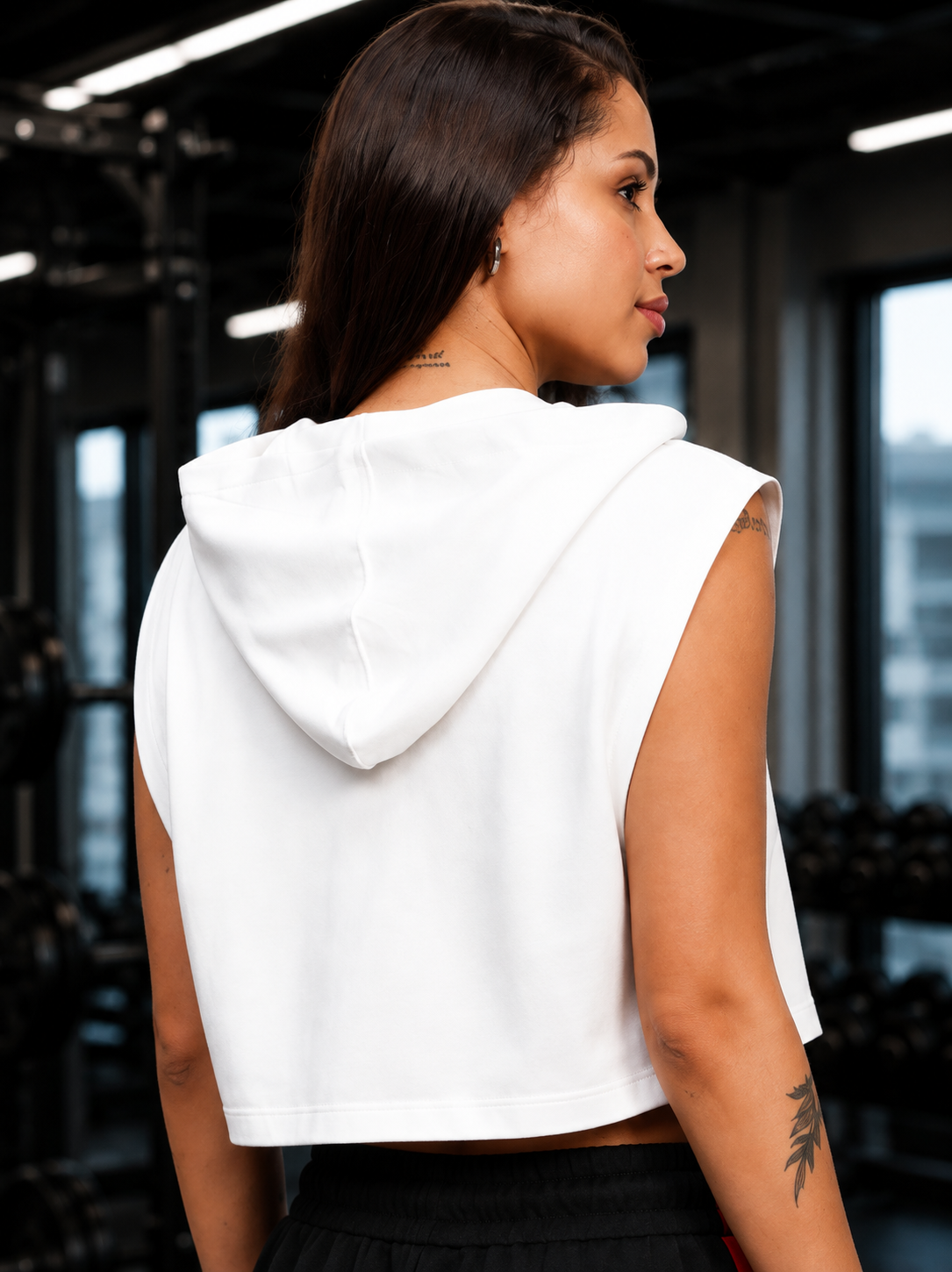 WOMEN STUDIO CUT-OFF CROP HOODIE T-SHIRTS WHITE
