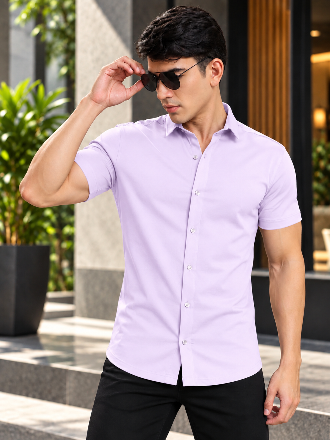 NOIR LILAC WRINKLE FREE COTTON HALF SLEEVE SHIRT