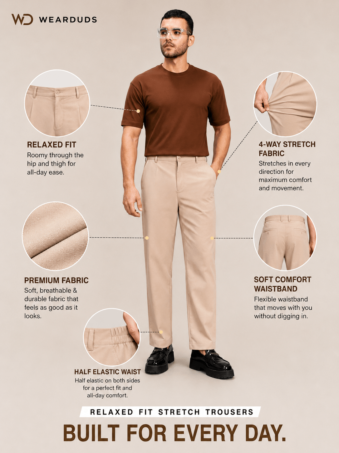 HIGH-FLEX TAILORED PANTS BEIGE displayed with features highlighting comfort and flexibility for everyday wear.