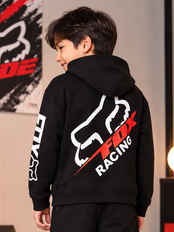 RACING FOX FLEECE HOODIE FOR KIDS BLACK with bold logo print, perfect warm casual wear for boys