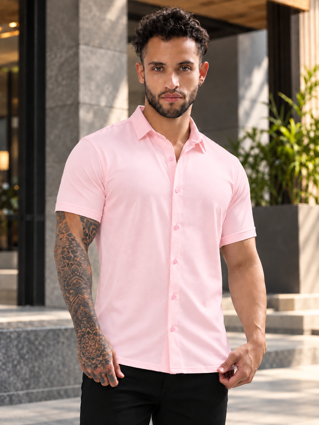 NOIR BLUSH PINK HALF SLEEVES STRETCHABLE SHIRT