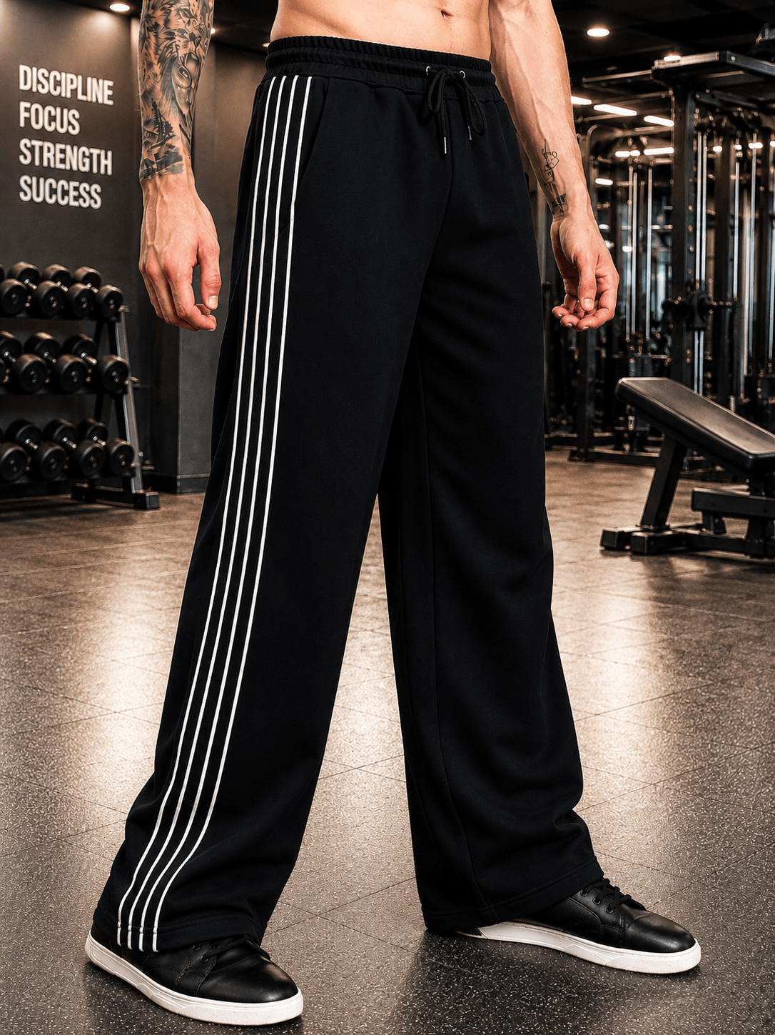 BLACK OUT-FIT JOGGERS BLACK worn by a model in a gym setting, showcasing stylish athletic wear with a relaxed fit.