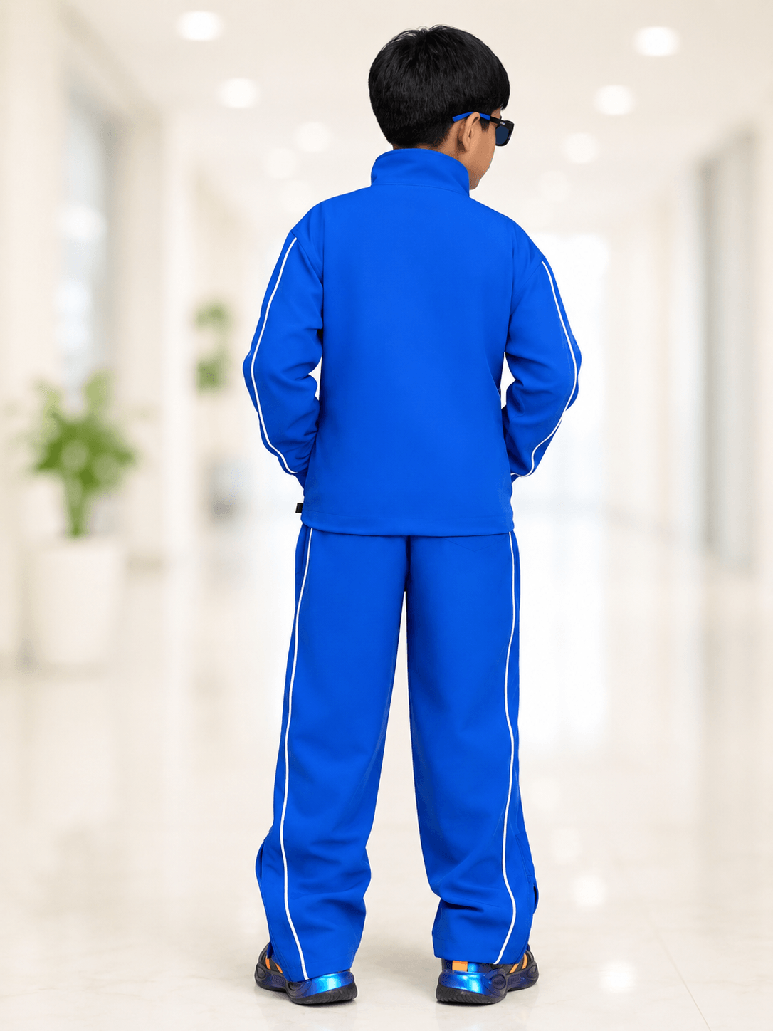 RELIGHT RELAXED FIT CO-ORD SET FOR BOYS GIRLS ROYAL BLUE worn by a child from the back, showcasing its sporty style.