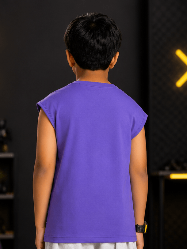 LEVELUP GAMER T-SHIRT FOR BOYS GIRLS PURPLE shown on the back of a child wearing a vibrant purple sleeveless shirt.