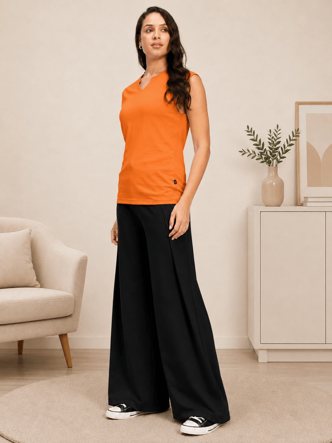 WOMEN MUSCLE FIT SLEEVELESS GYM T-SHIRT ORANGE