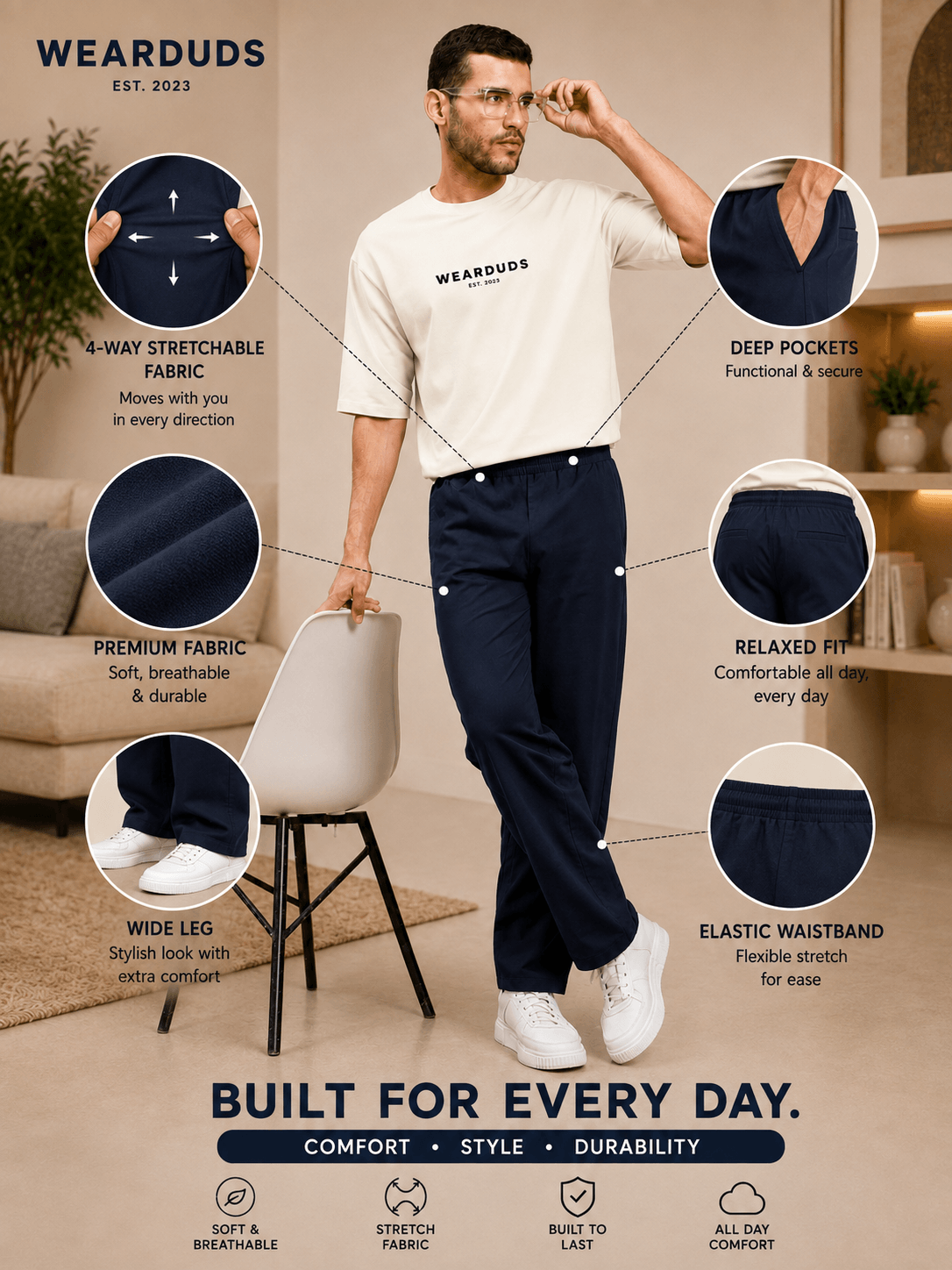 ATHLETIC DRESS TRACK TROUSERS DARK GARY model showcasing 4-way stretch, relaxed fit, and deep pockets on a stylish casual day.