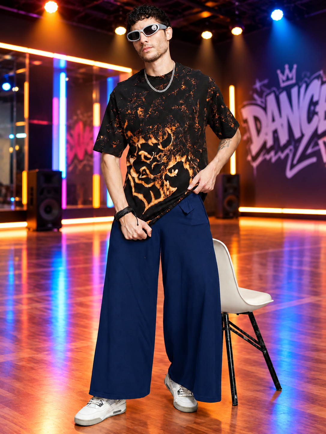 WIDE LEG FLOWY LOUNGE JOGGERS NAVY BLUE
