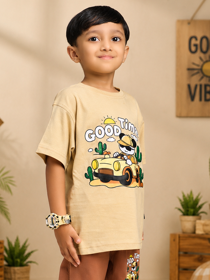 GOOD TIME PRINT T-SHIRT FOR BOYS GIRLS BEIGE