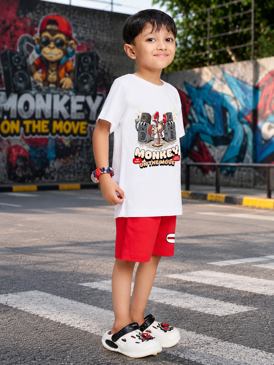 MONKEY BEATS GRAPHIC CO-ORD FOR BOYS GIRLS WHITE RED