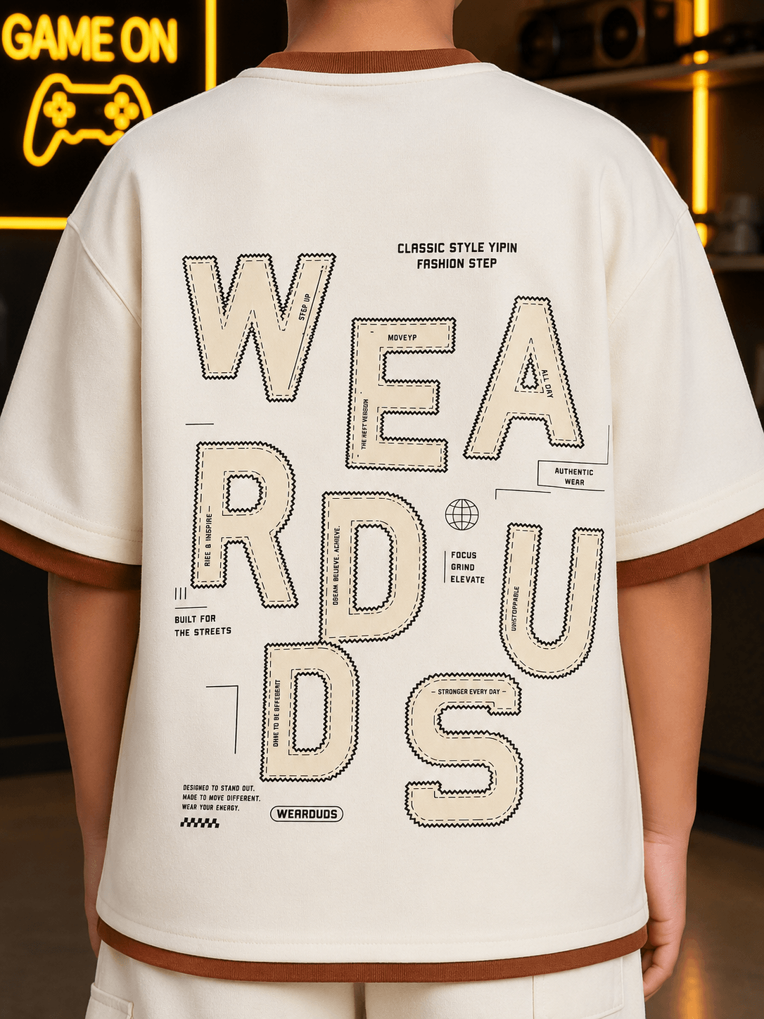 DOWNTOWN CO-ORD FOR BOYS GIRLS OFF-WHITE stylish t-shirt design on a young boy, showcasing urban streetwear fashion.