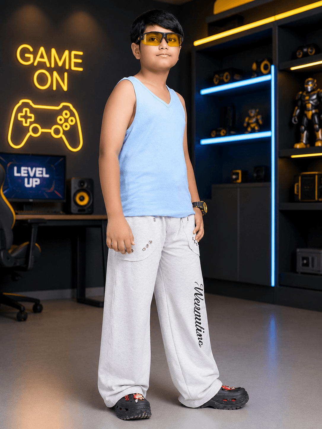 SIGNATURE SCRIPT CO-ORD FOR BOYS GIRLS SKY BLUE MELANGE GREY
