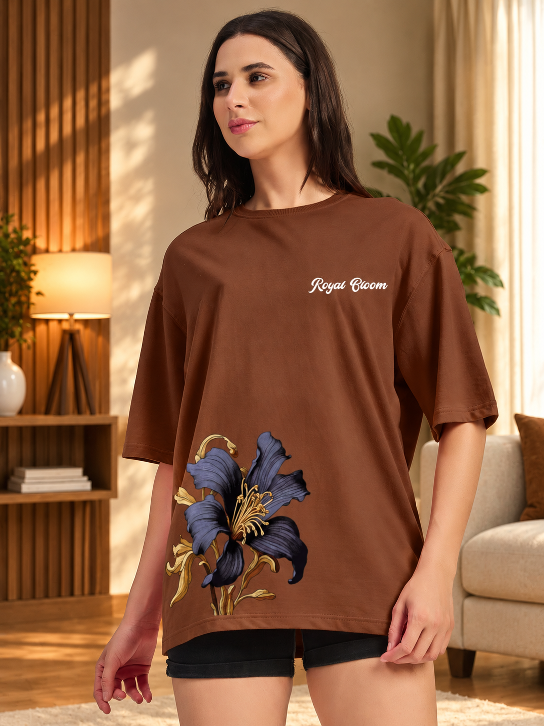 WOMEN ROYAL BLOOM FLORAL T-SHIRT BROWN