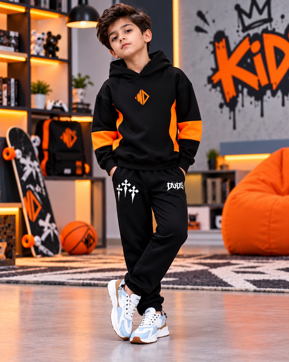 WD GORBCORE FLEECE HOODIE FOR BOYS AND GIRLS BLACK ORANGE