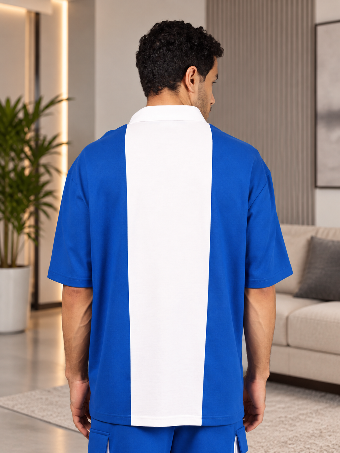 CONTRAST POLO OVERSIZED ZIPPER T-SHIRT ROYAL BLUE WHITE