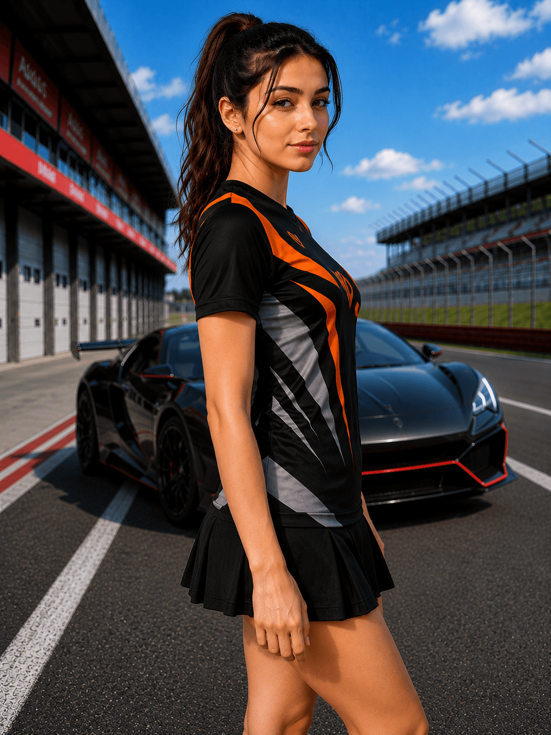 WOMEN APEX RACING REGULAR T-SHIRT BLACK MULTI worn by a model at a racetrack with a sports car in the background.