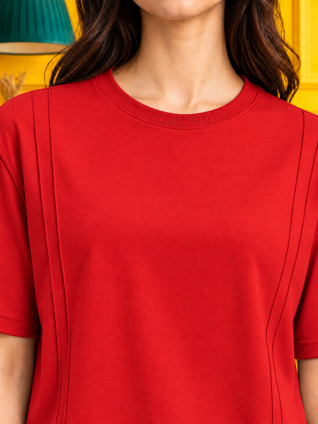 WOMEN PANEL OVERSIZED CREW T-SHIRT RED