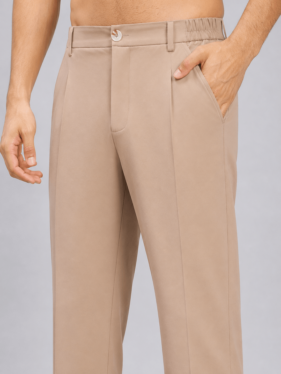 HIGH-FLEX TAILORED PANTS BEIGE shown with a streamlined silhouette and comfortable fit, perfect for any occasion.