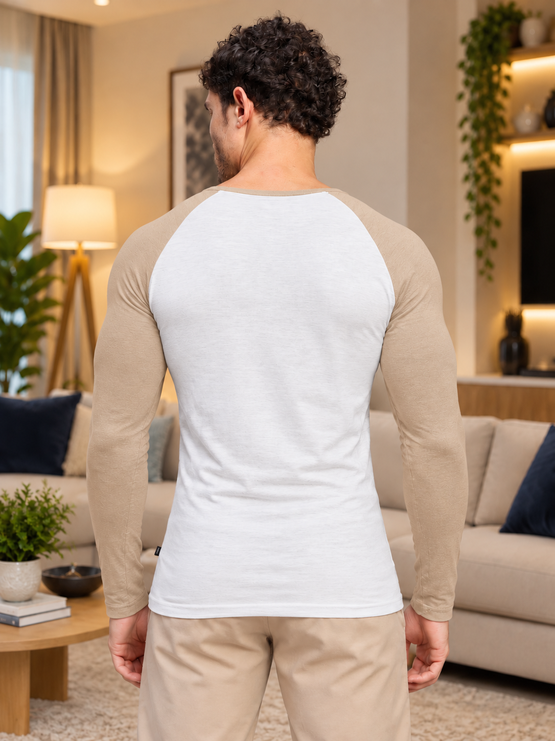 LONG SLEEVE RAGLAN BASEBALL T-SHIRT WHITE BEIGE