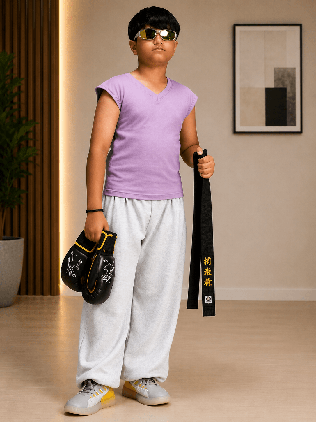 LEVELUP GAMER T-SHIRT FOR BOYS GIRLS LAVENDER worn by a boy in a stylish pose, showcasing playful gaming energy.