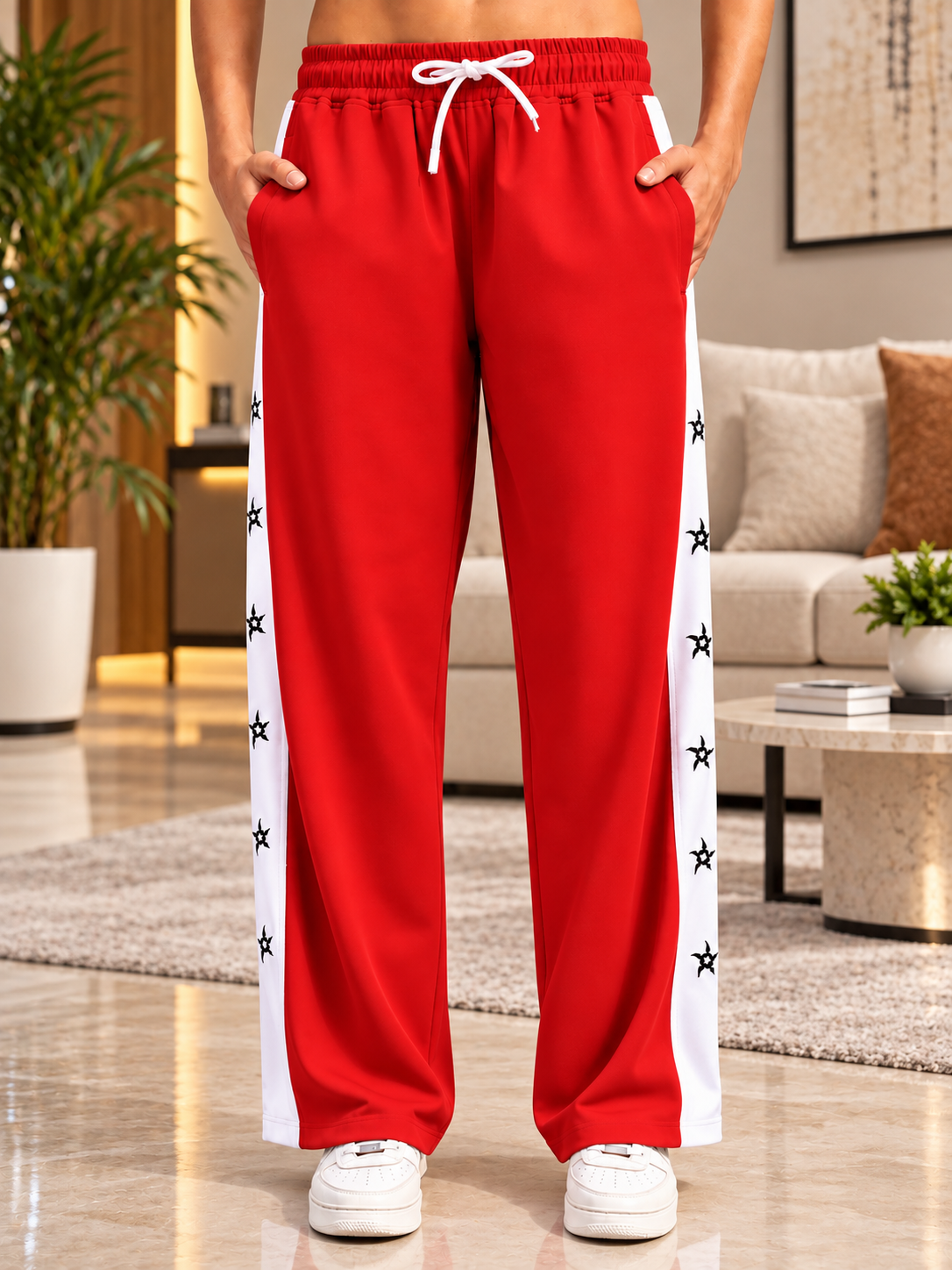 WOMEN MATCHING LOOSE RELAXED JOGGER RED WHITE