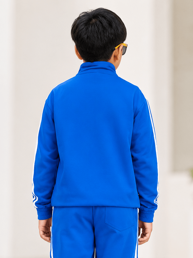Back view of a child wearing a SPORTY ZIP UP JACKET FOR BOYS GIRLS ROYAL BLUE with sunglasses.
