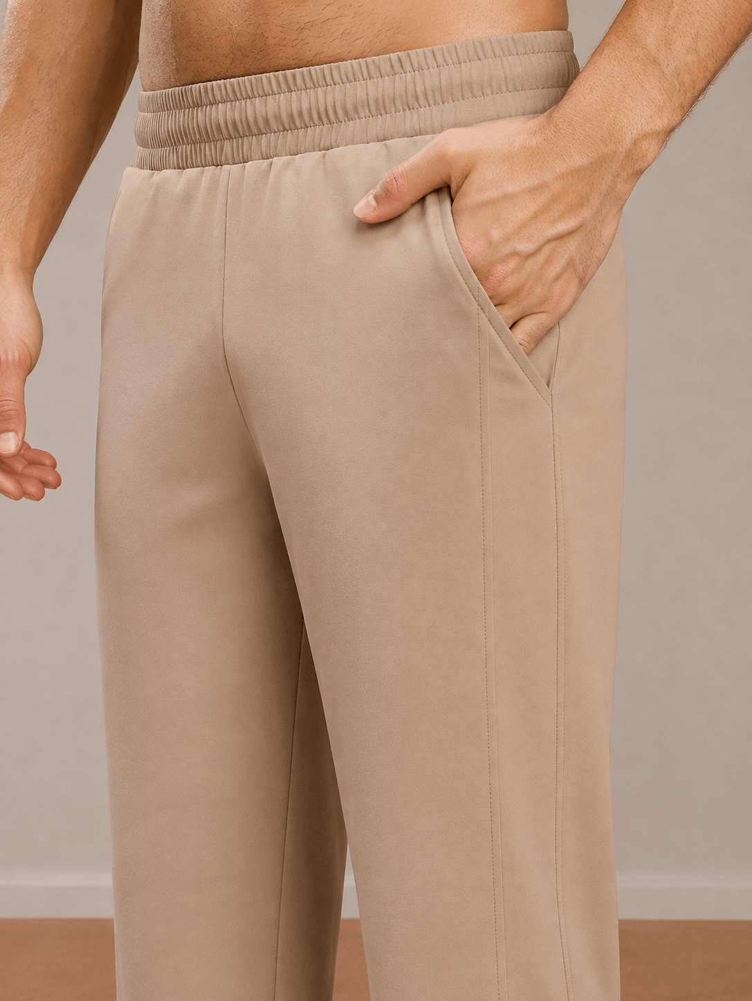 ATHLETIC DRESS TRACK TROUSERS BEIGE close-up showing waistband and pocket detail