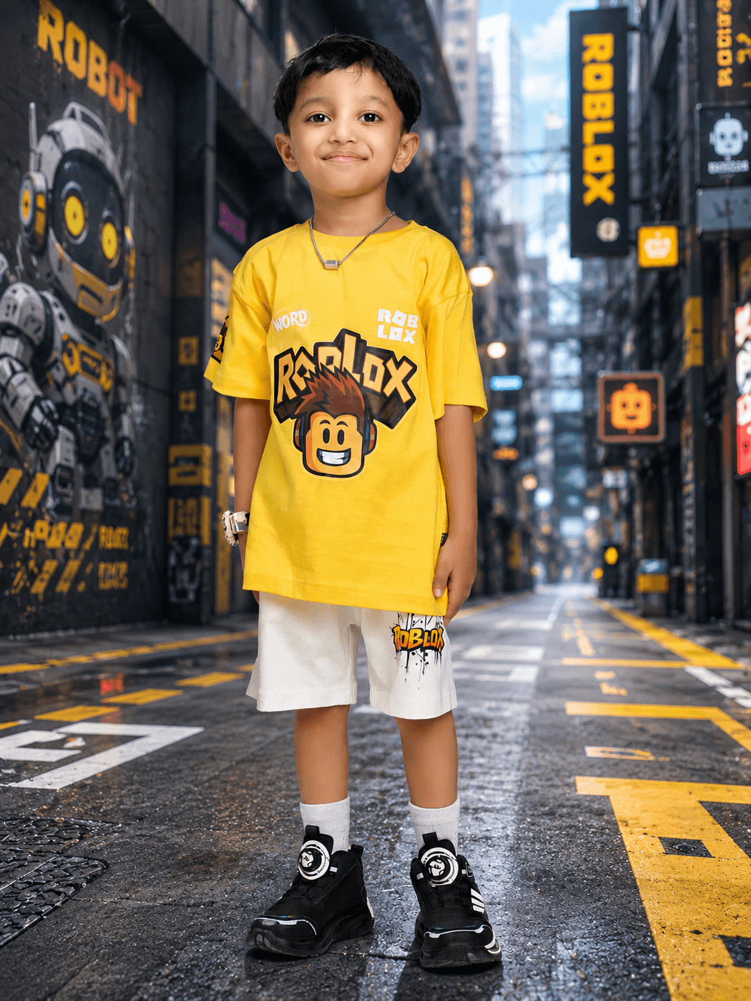 ROBLOX RUSH GRAPHIC CO-ORD SET FOR BOYS GIRLS YELLOW WHITE