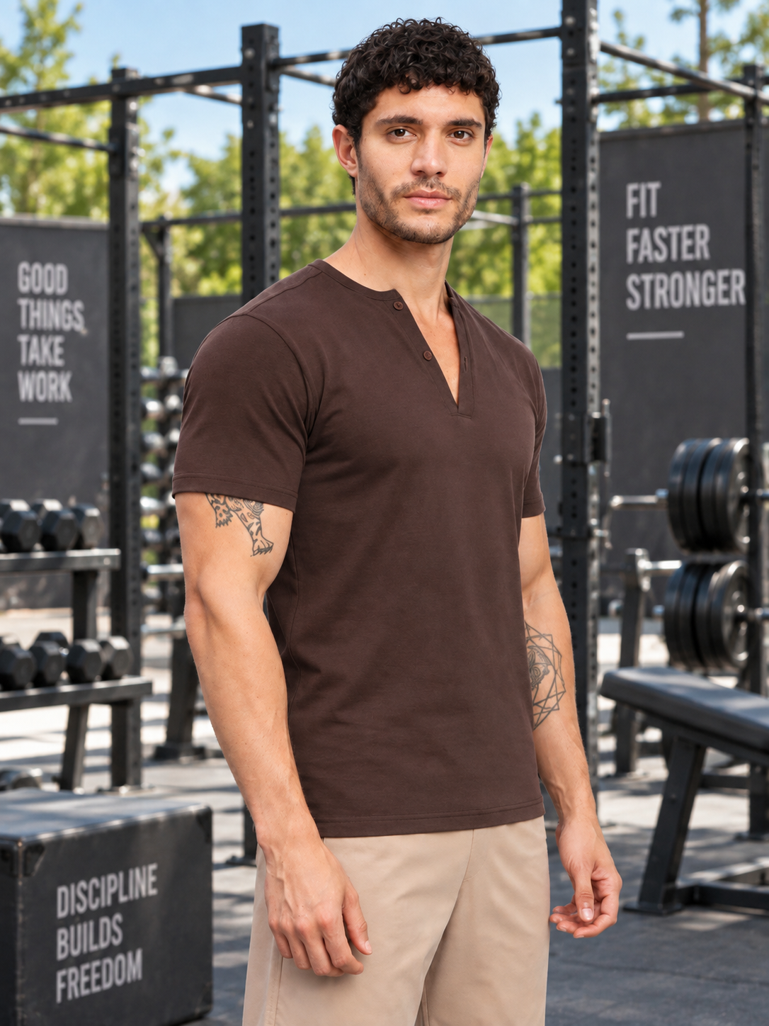 ATHLETIC HENLEY REGULAR FIT T-SHIRT DARK BROWN