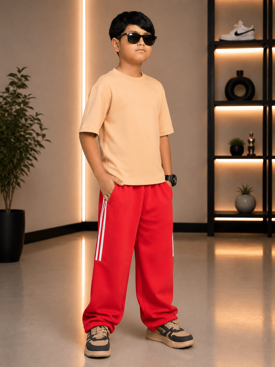 NEO STREET DROP CO-ORD FOR BOYS GIRLS BEIGE RED worn by a boy in a trendy setup with sunglasses.