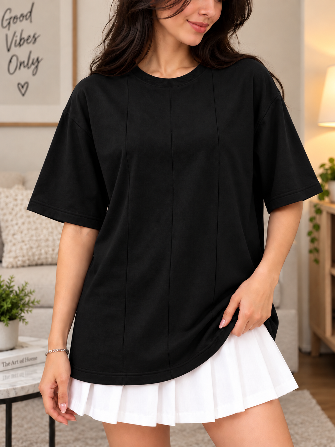 WOMEN BOXY FIT PANELS OVERSIZED T-SHIRT BLACK