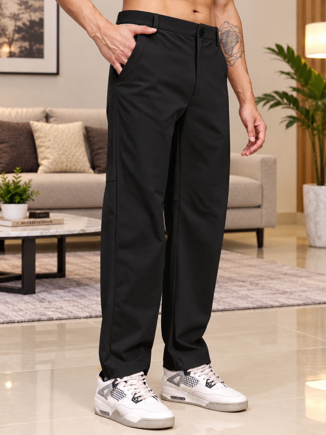 STRETCH STRAIGHT CASUAL PANTS BLACK