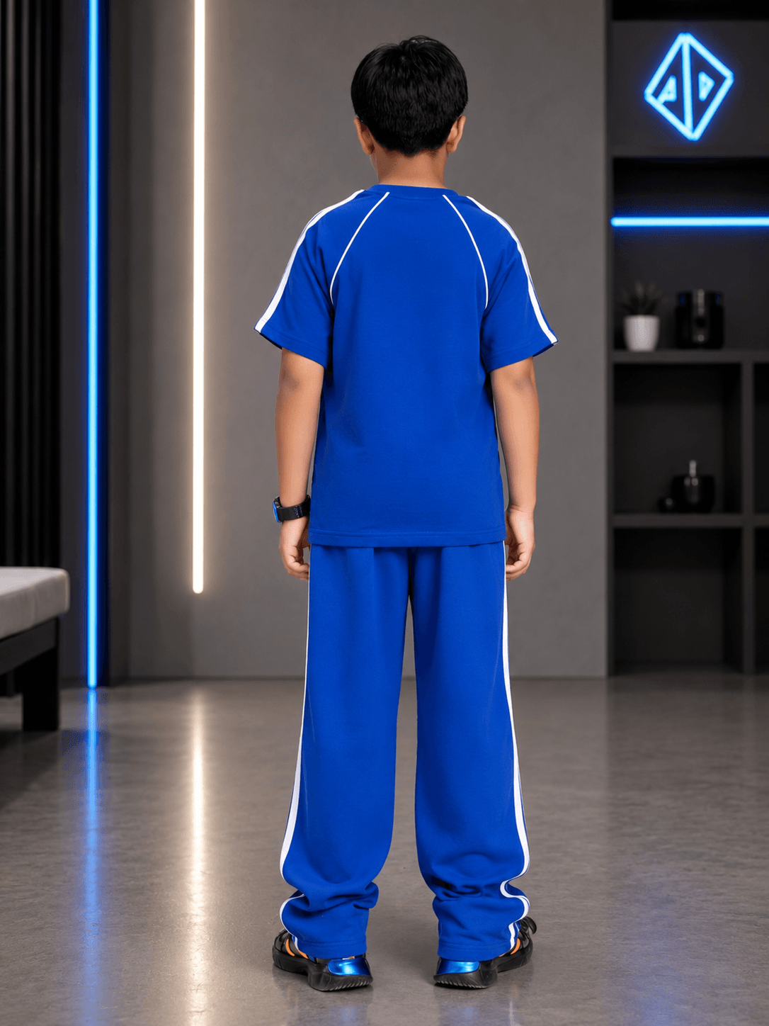 KIDS ROSTER CO-ORD BOYS GIRLS OFF WHITE BLUE stylish blue outfit for kids, showcasing back view in modern setting.