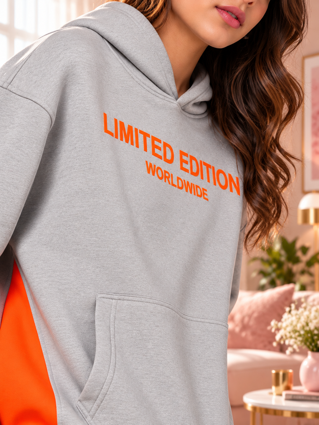 WOMEN WORLDWIDE FLEECE COLORBLOCK CO-ORD GREY hoodie with orange Limited Edition print and colorblock detailing