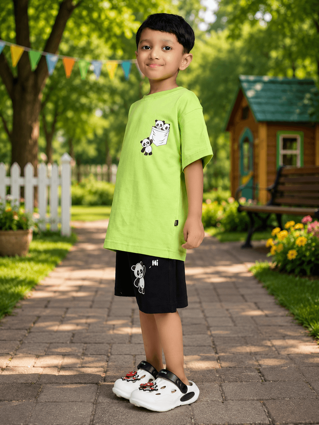 PEEK-A-PANDA CO-ORD FOR BOYS GIRLS LIME GREEN BLACK