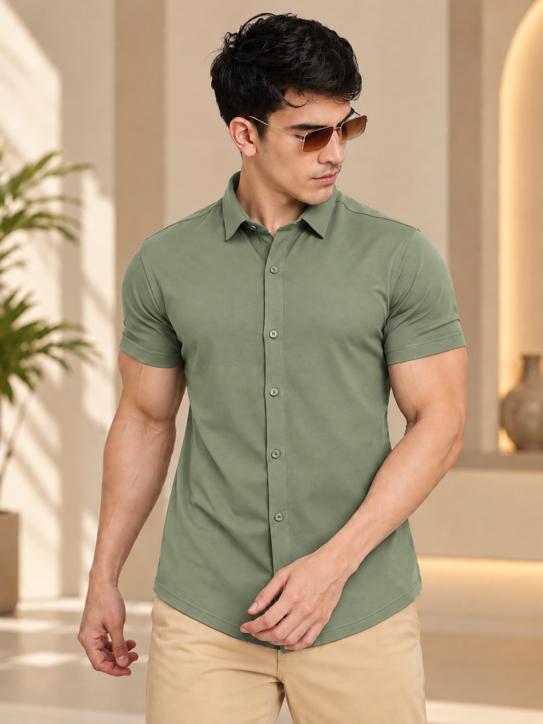 NOIR SAGE GREEN HALF-SLEEVE SHIRT SLIM FIT