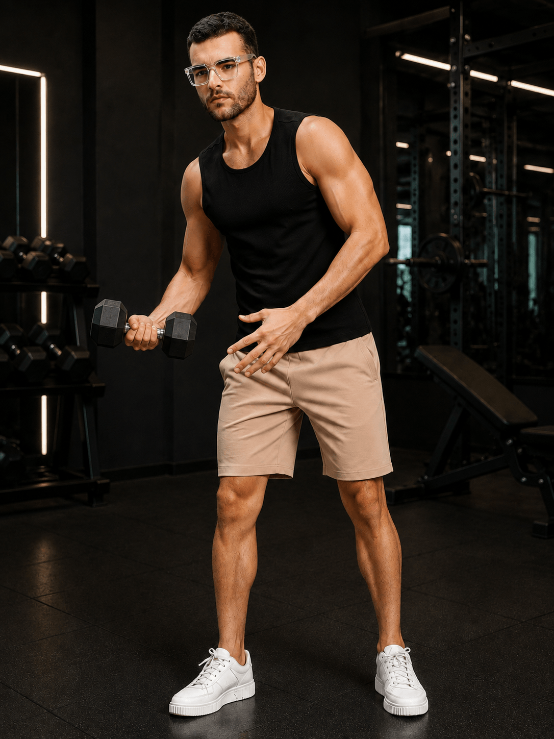 Man lifting weights in a gym wearing SLIM-FIT SOLID REGULAR SHORTS BEIGE and a black tank top.