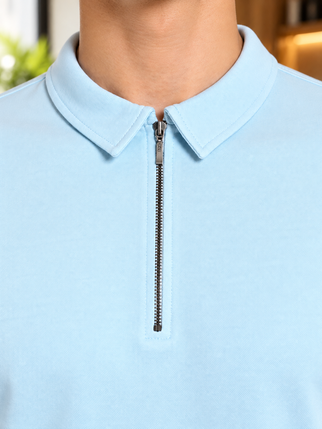 ZIPPER POLO NECK T-SHIRT POWDER BLUE