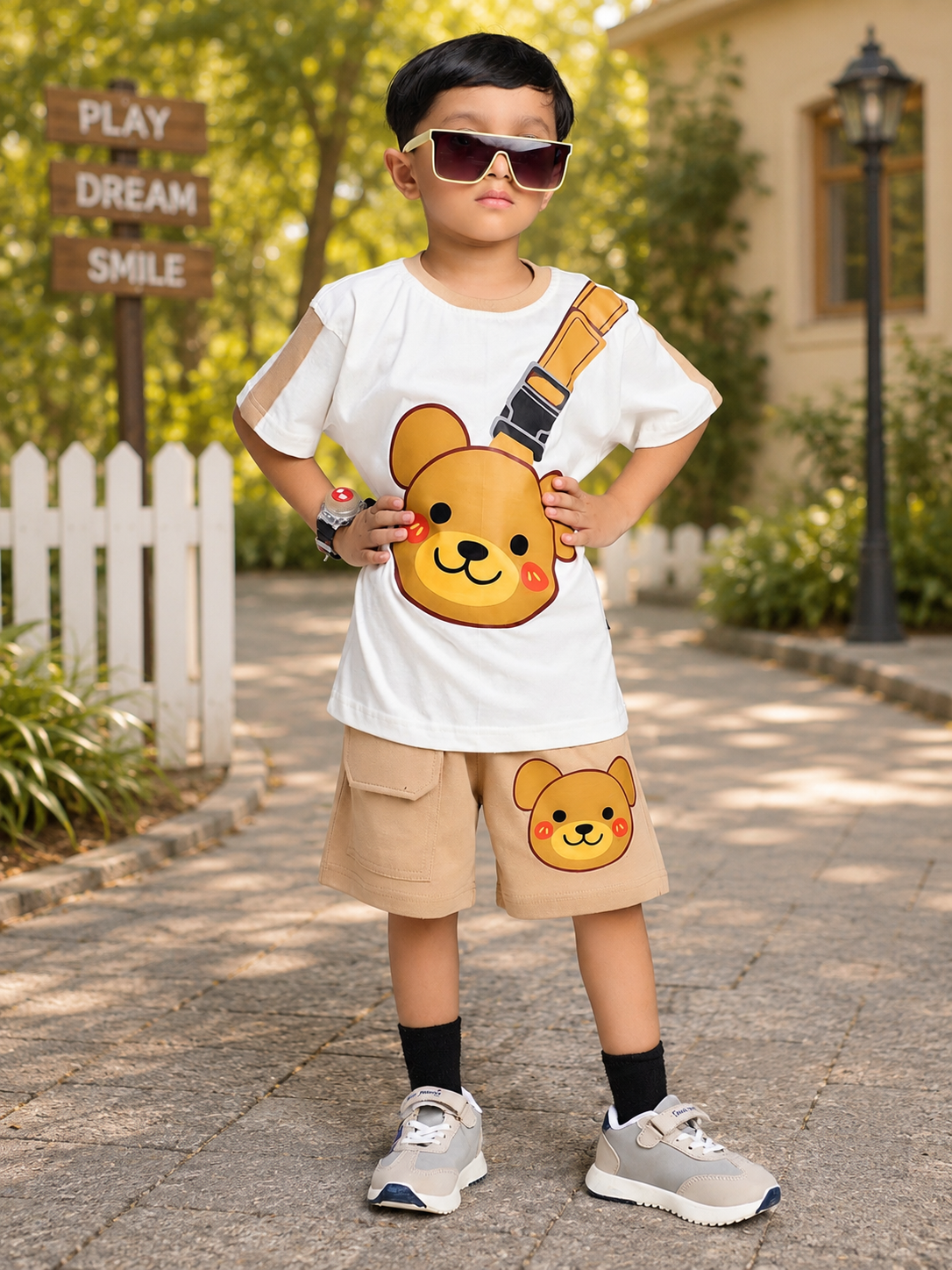TINY TREND BEAR CO-ORD FOR BOYS GIRLS WHITE BEIGE