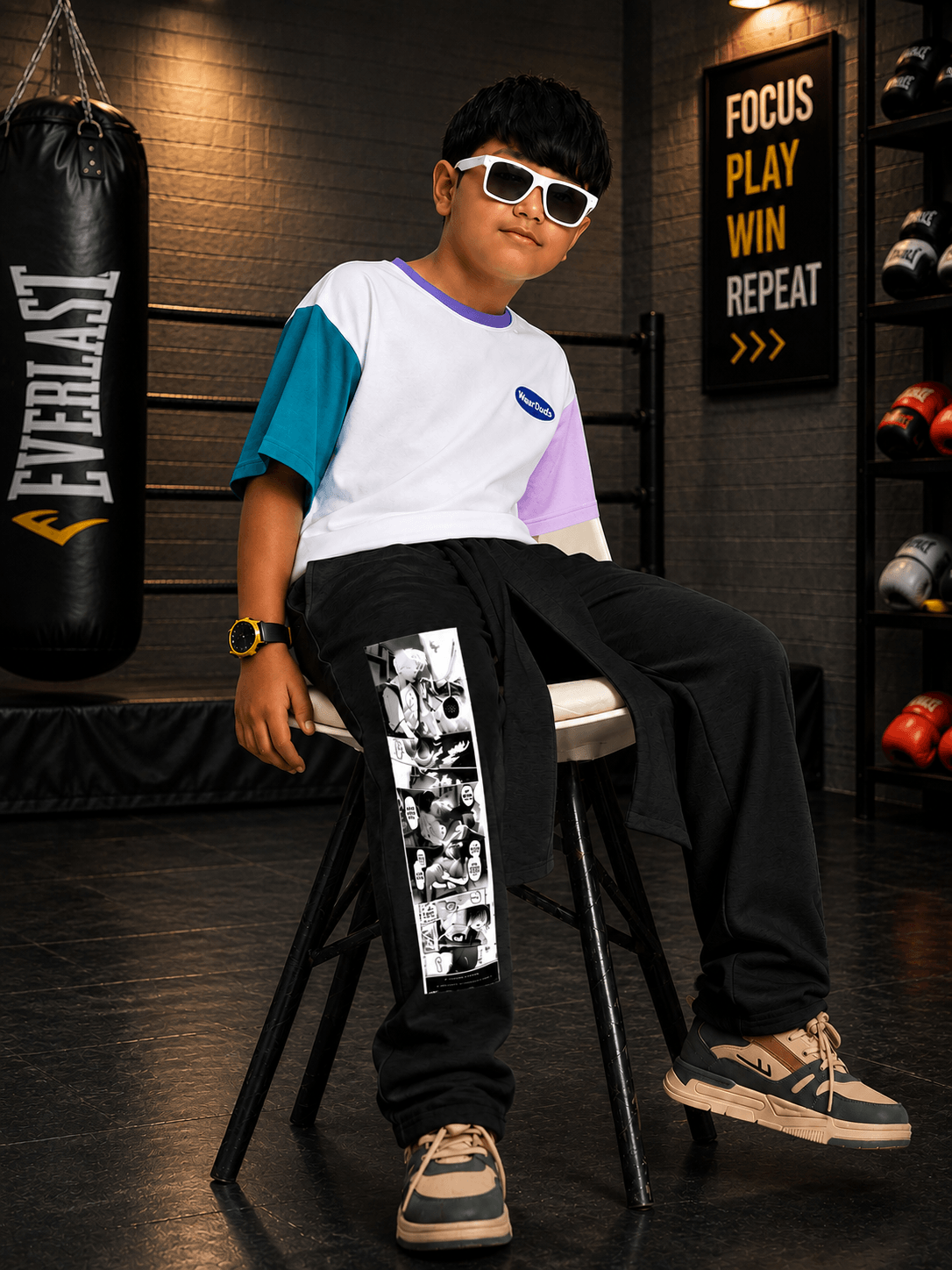 CHILL JOGGER FOR BOYS GIRLS BLACK worn by a boy in a casual setting, styled with modern streetwear elements.