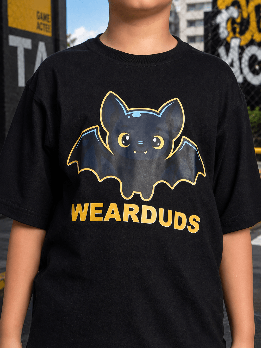 MIDNIGHT BAT CO-ORD FOR BOYS GIRLS BLACK YELLOW featuring a fun bat design on a black t-shirt.