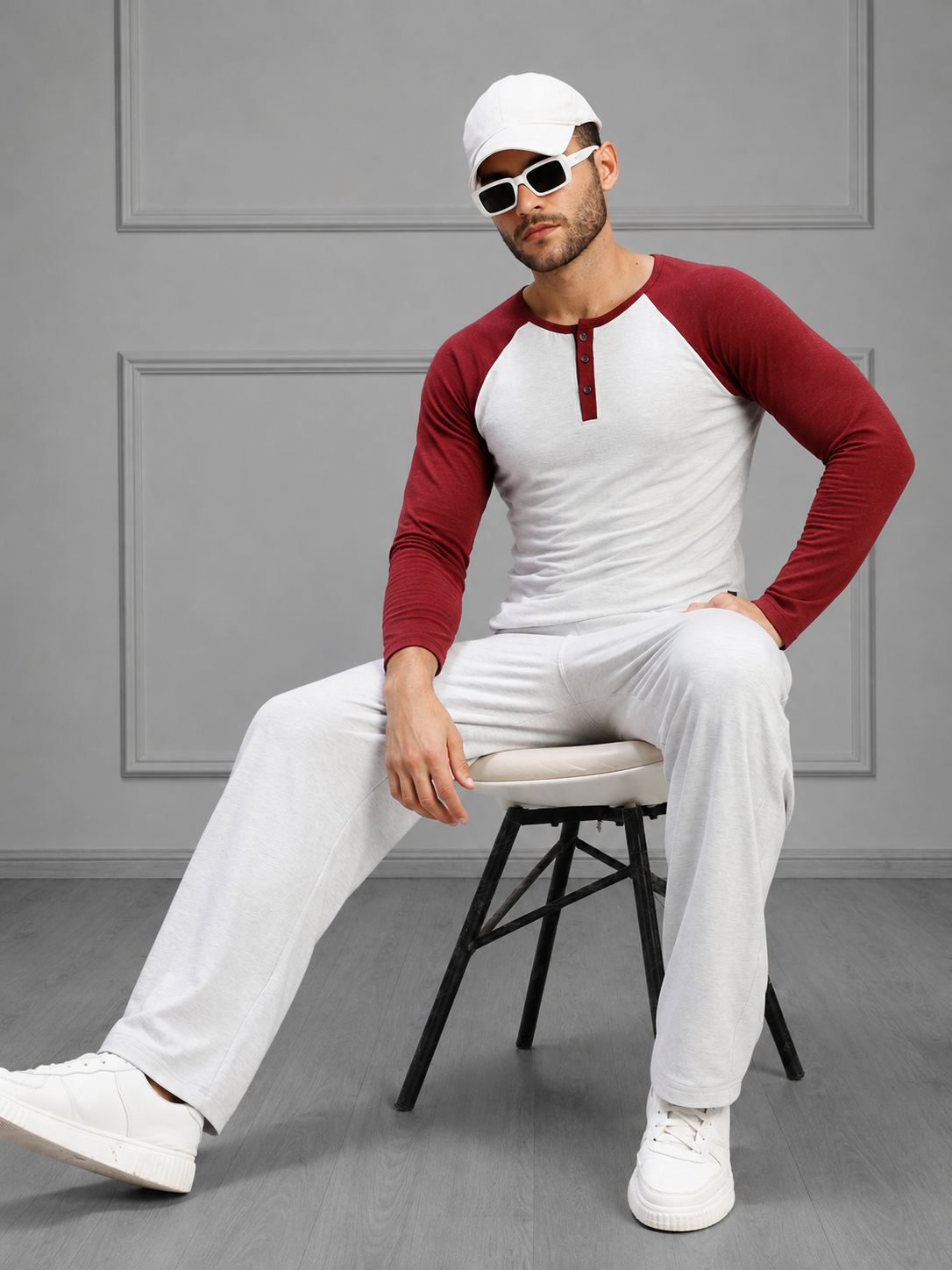 HENLEY SWEATSHIRT MELANGE GREY MAROON