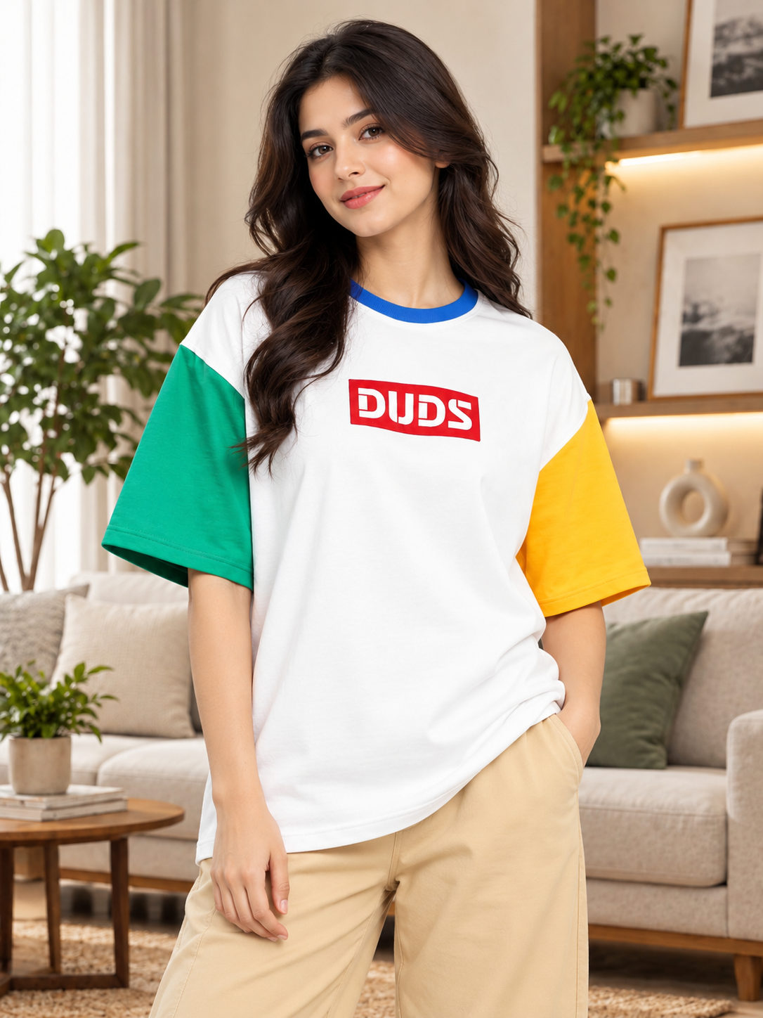 WOMEN CHROMA COLOR BLOCKED OVERSIZED T-SHIRT OFF WHITE