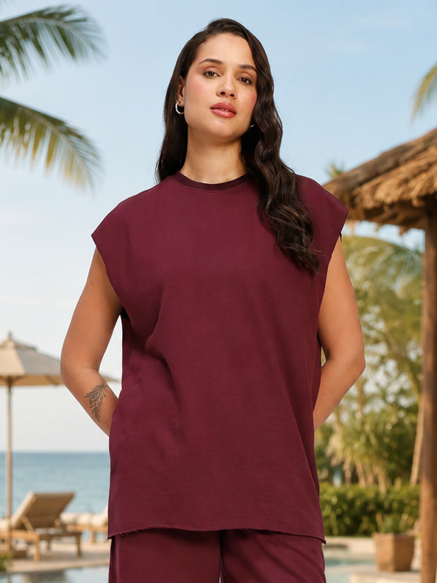 WOMEN DRIVE MONOCHROME SLEEVELESS T-SHIRT MAROON
