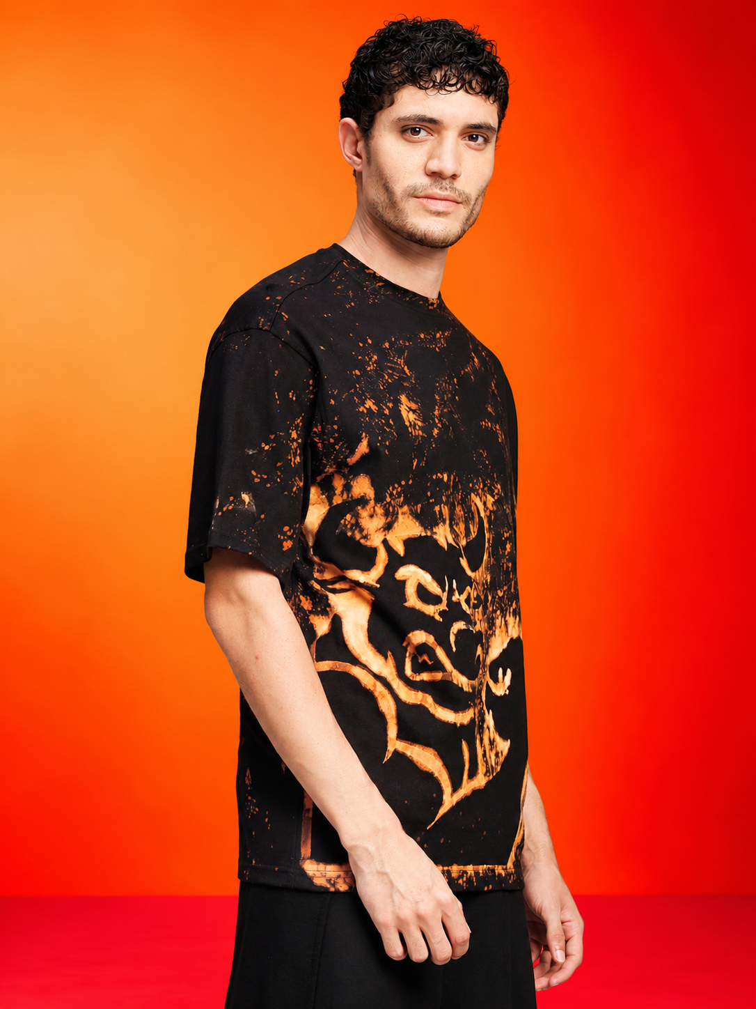 DEVIL BLEACH DYE OVERSIZED T-SHIRT BLACK ORANGE