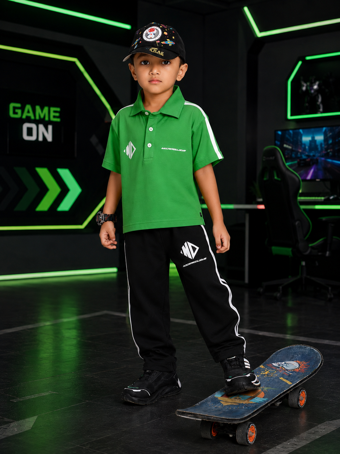 CHAMPION TRACK POLO CO-ORD FOR BOYS GIRLS GREEN BLACK