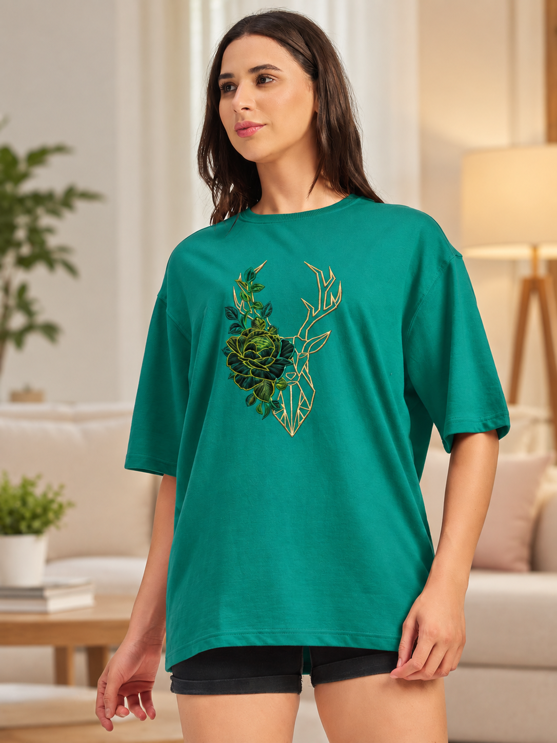 WOMEN CATCHY BLOOM FLORAL T-SHIRTTEAL GREEN