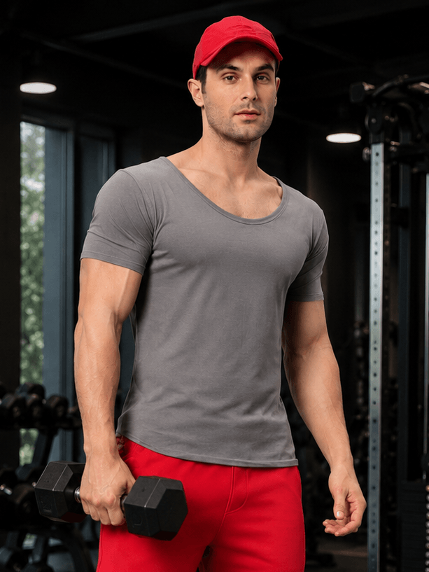 RICKY REGULAR FIT T-SHIRT GREY worn by a model holding dumbbells in a gym setting