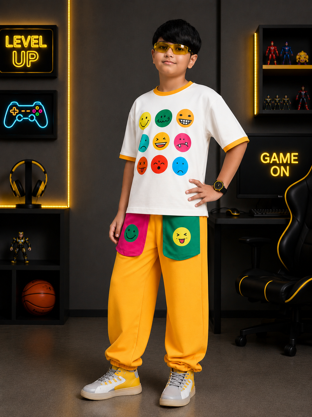 EMOJI VIBES CO-ORD FOR BOYS & GIRLS WHITE-YELLOW featuring a colorful emoji design on comfortable casual wear.