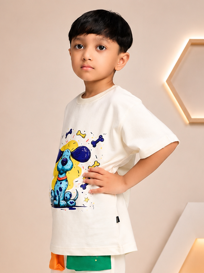 CUTE BLUE PUPPY OVERSIZED T-SHIRT FOR BOYS GIRLS OFF WHITE