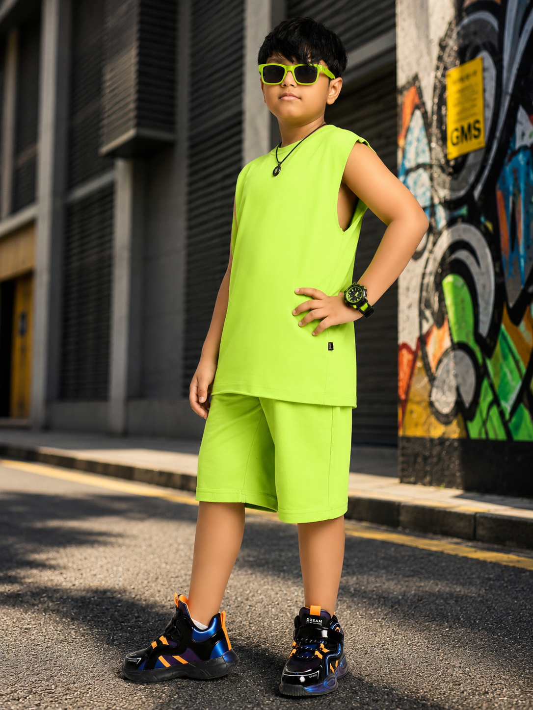 NEON RUSH SLEEVELESS CO-ORD FOR BOYS GIRLS NEON GREEN